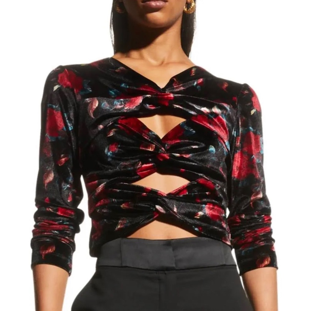Autumn Adeigbo Rowenna Cutout Blouse Velvet Floral Long Sleeve Black/Red |